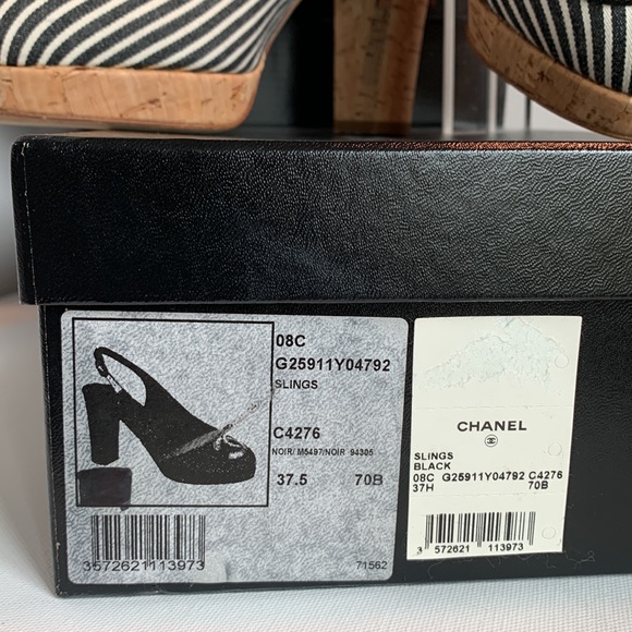 CHANEL Shoes Black White Striped Platform Cork Canvas Patent Slingback CC Heels - Picture 3 of 16